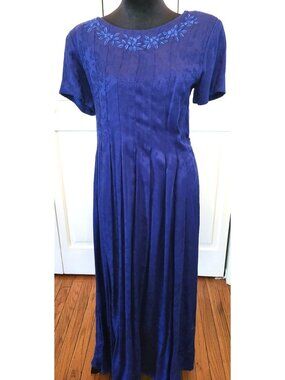 Sarah Elizabeth Vintage 80s/90s Cobalt Blue Pleated Dress Embroidery 8 Cottage